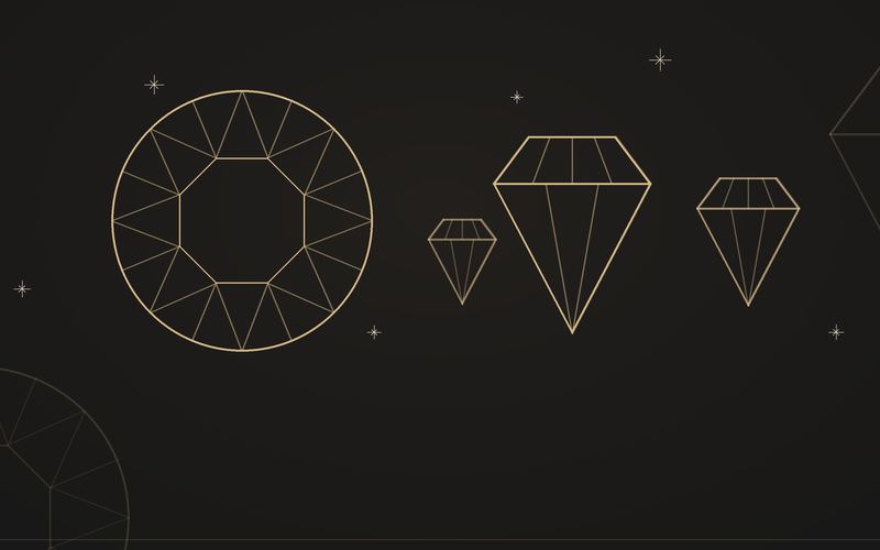 Gold line drawings of cut diamonds on a dark background