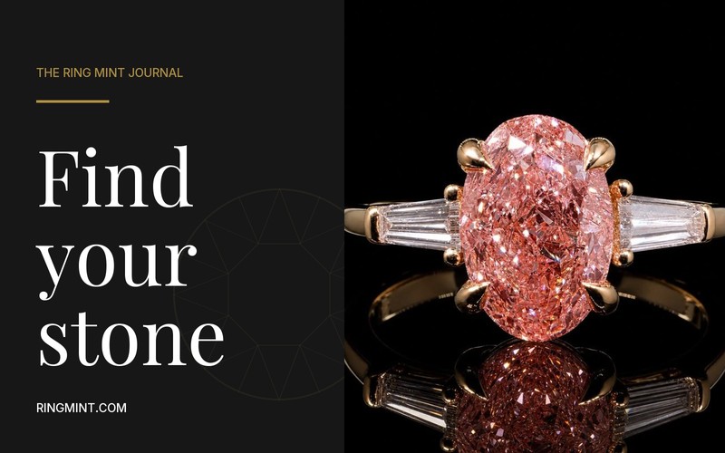 Find your stone in white type on charcoal beside an oval pink-centered ring