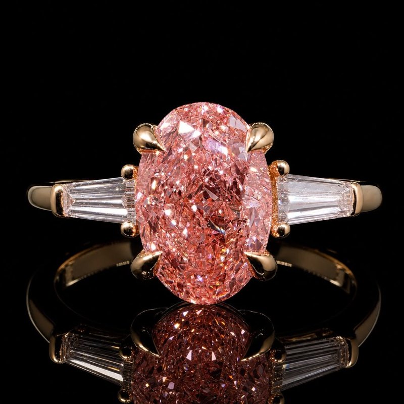 Ring with an oval pink center stone and rectangular side stones