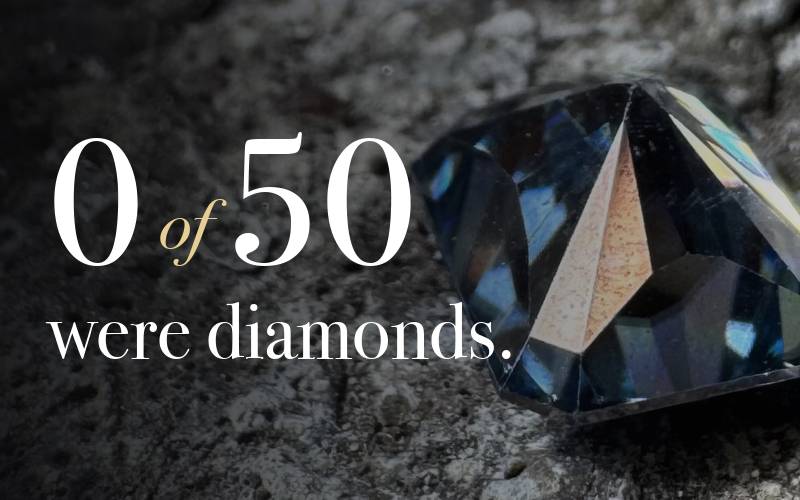 Headline over a close-up of a blue stone tilted to reveal its coating: We bought 50 lab diamonds on eBay. Not one was a diamond.