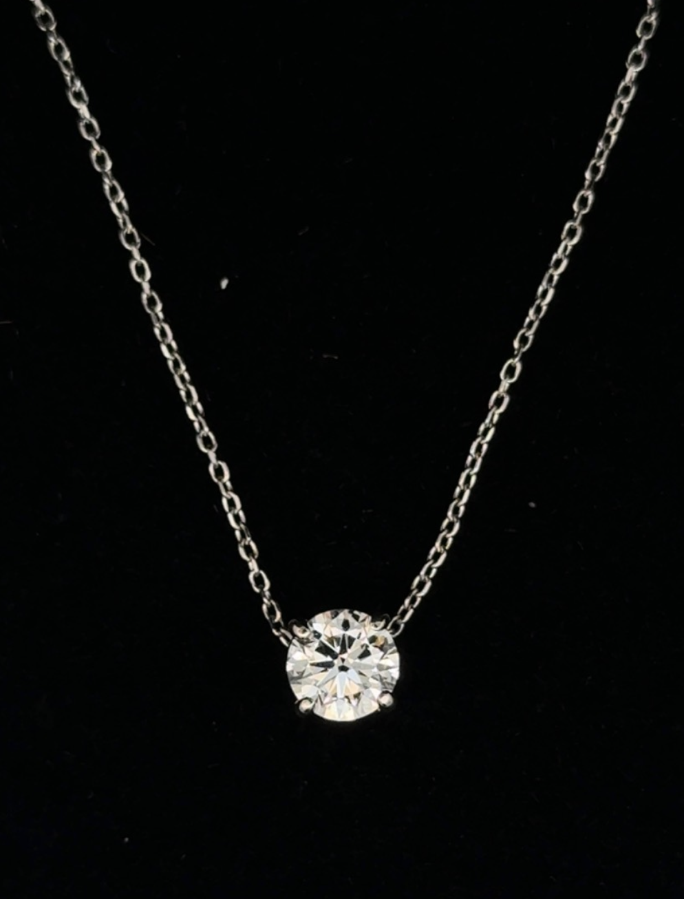 Finished 14k white gold lab-grown diamond solitaire necklace.