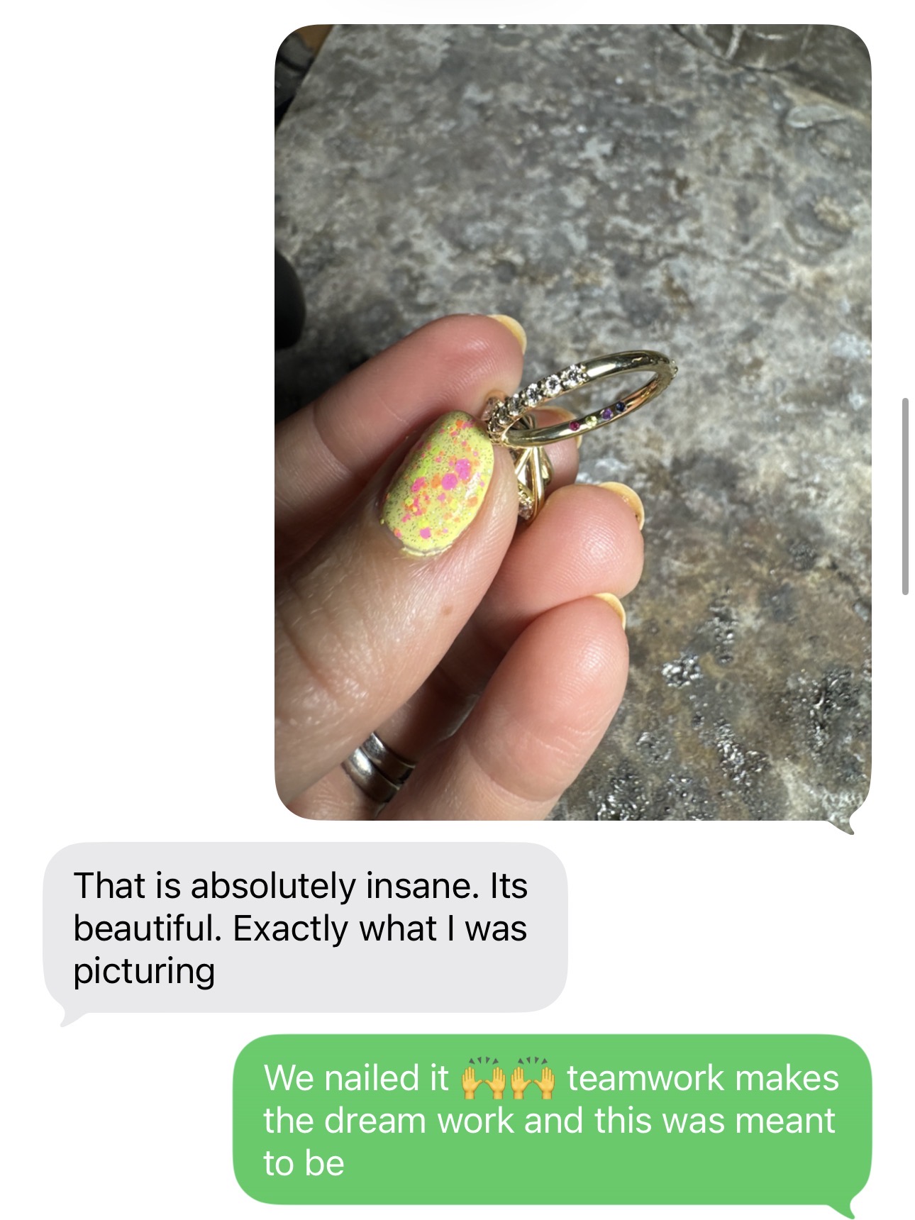 Customer reaction to the hidden family stones: That is absolutely insane. Its beautiful. Exactly what I was picturing.