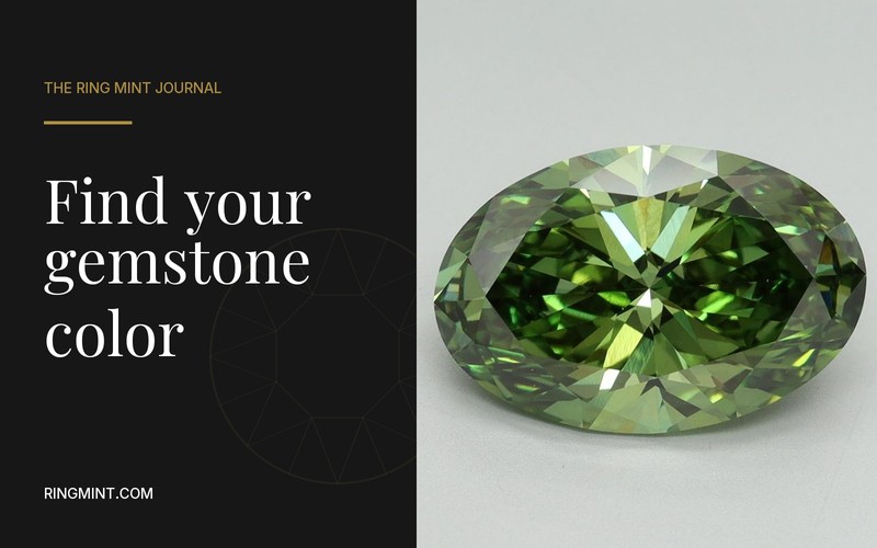 Find your gemstone color in white type on charcoal beside an oval green stone