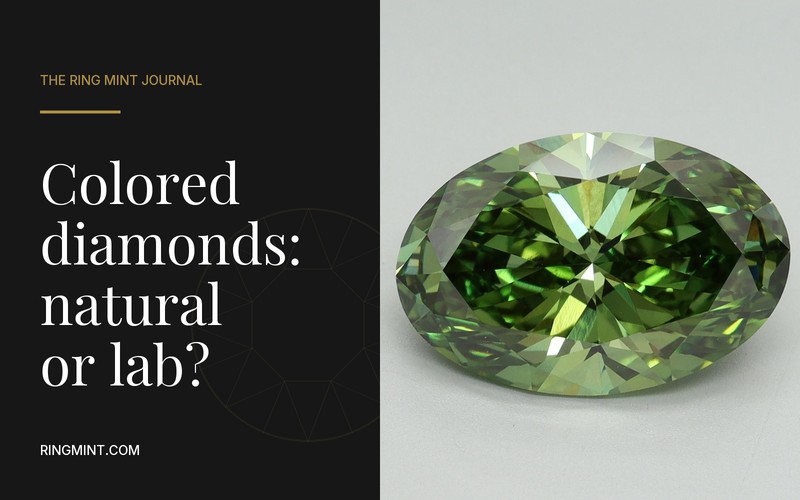 Colored diamonds, natural or lab, beside a photograph of a green oval diamond