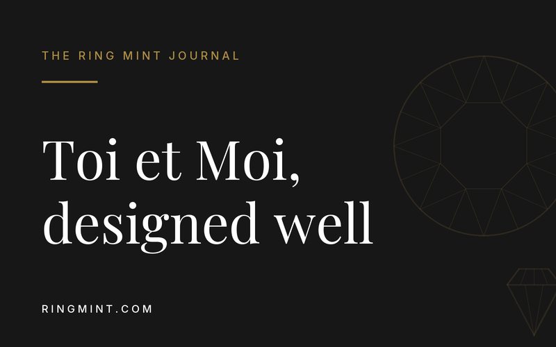 Headline over gold line art of cut diamonds on a dark background: Toi et moi: two stones, one band.