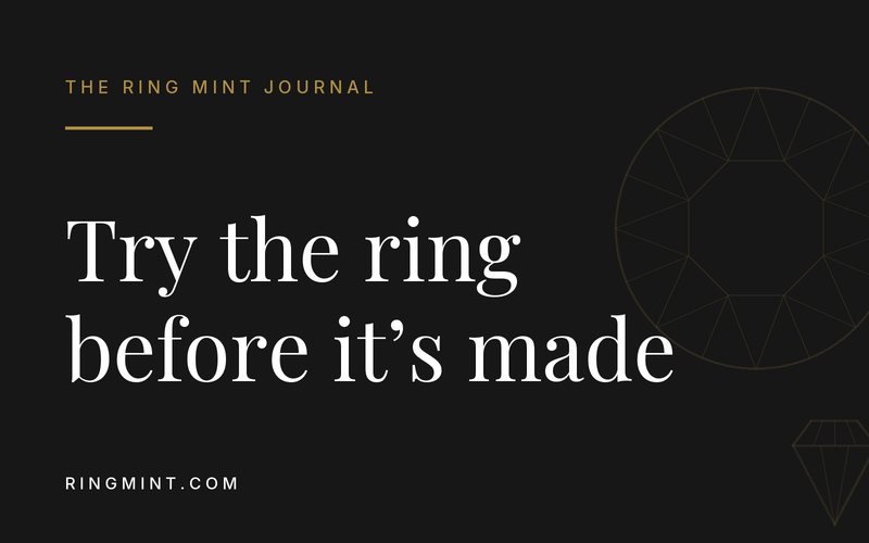 Headline over gold line art of cut diamonds on a dark background: The wax model: try the ring on before it exists.