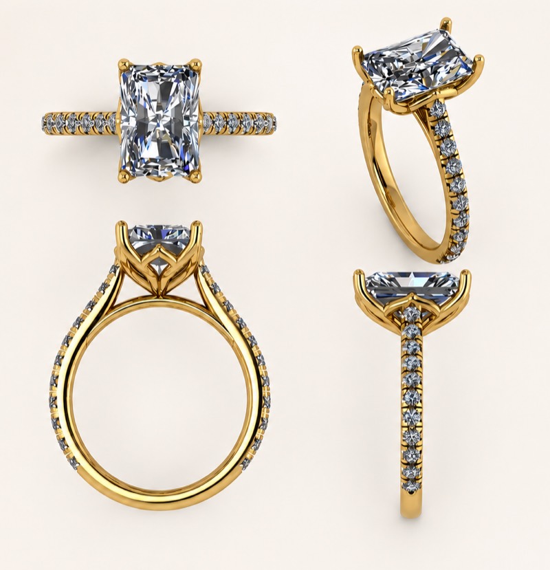 Four-view CAD rendering of a custom yellow gold radiant cut engagement ring with a pavé band