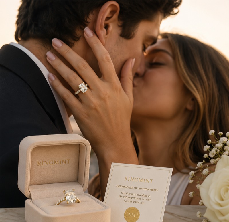 Finished custom engagement ring with its Ring Mint box and certificate of authenticity at a sunset proposal