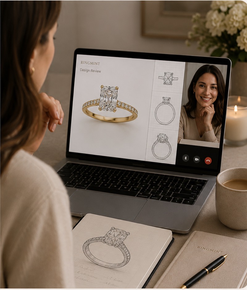 A Ring Mint client reviewing a custom engagement ring CAD design on a video call, with a hand-drawn ring sketch in a notebook beside the laptop