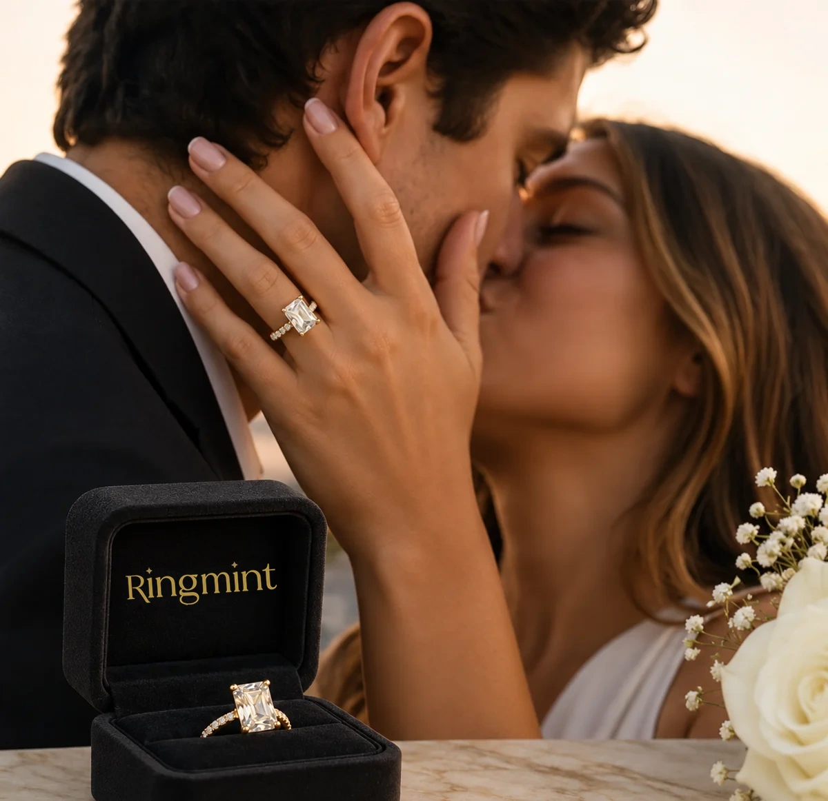 Illustrative engagement scene with a diamond ring and black Ring Mint box with gold lettering