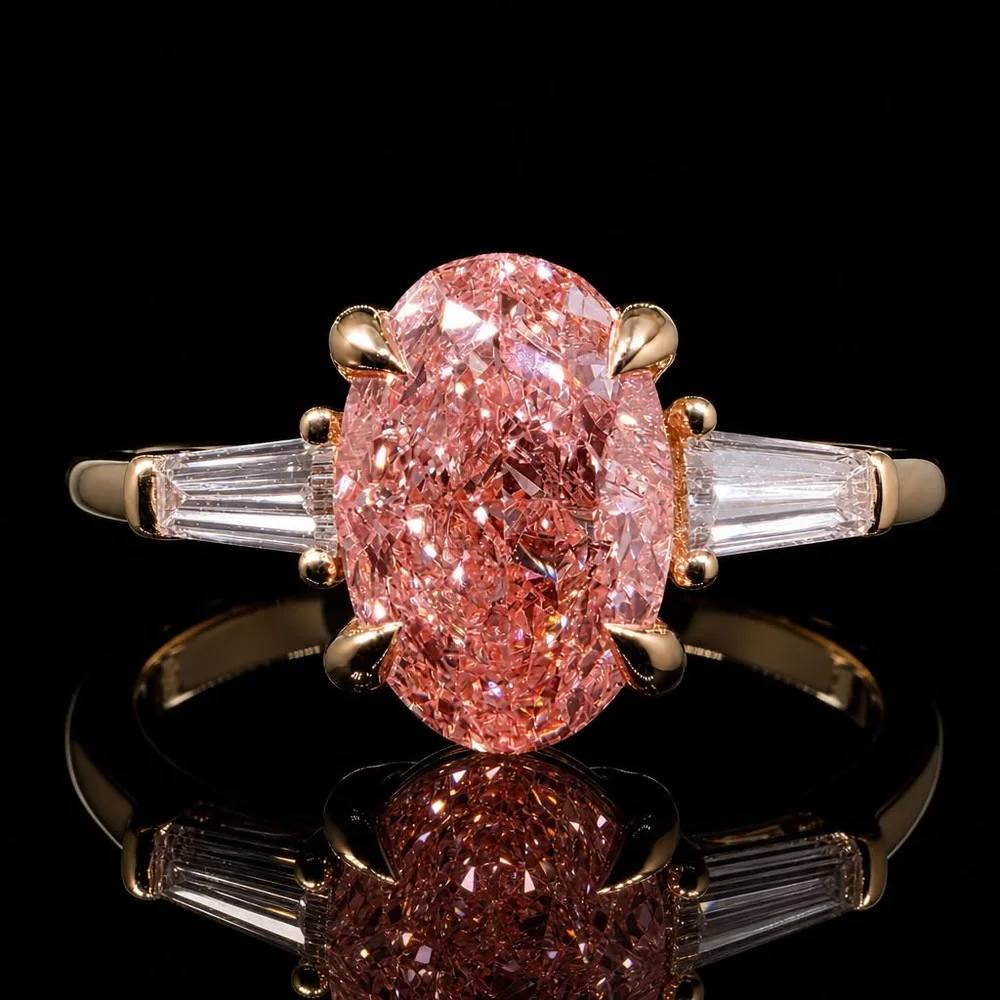 Pink oval diamond ring with side stones