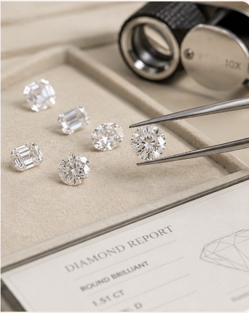 Loose diamonds in asscher, emerald, oval, and round brilliant cuts on a suede tray beside a jeweler's loupe, tweezers, and a diamond grading report