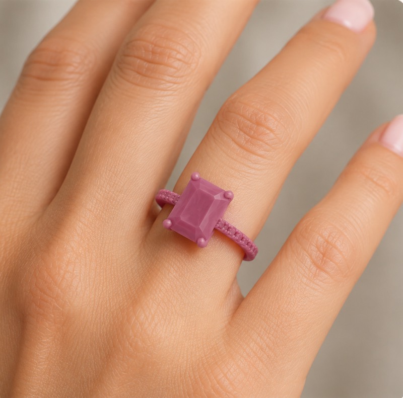 Wax model of a custom engagement ring worn on a hand for an at-home try-on